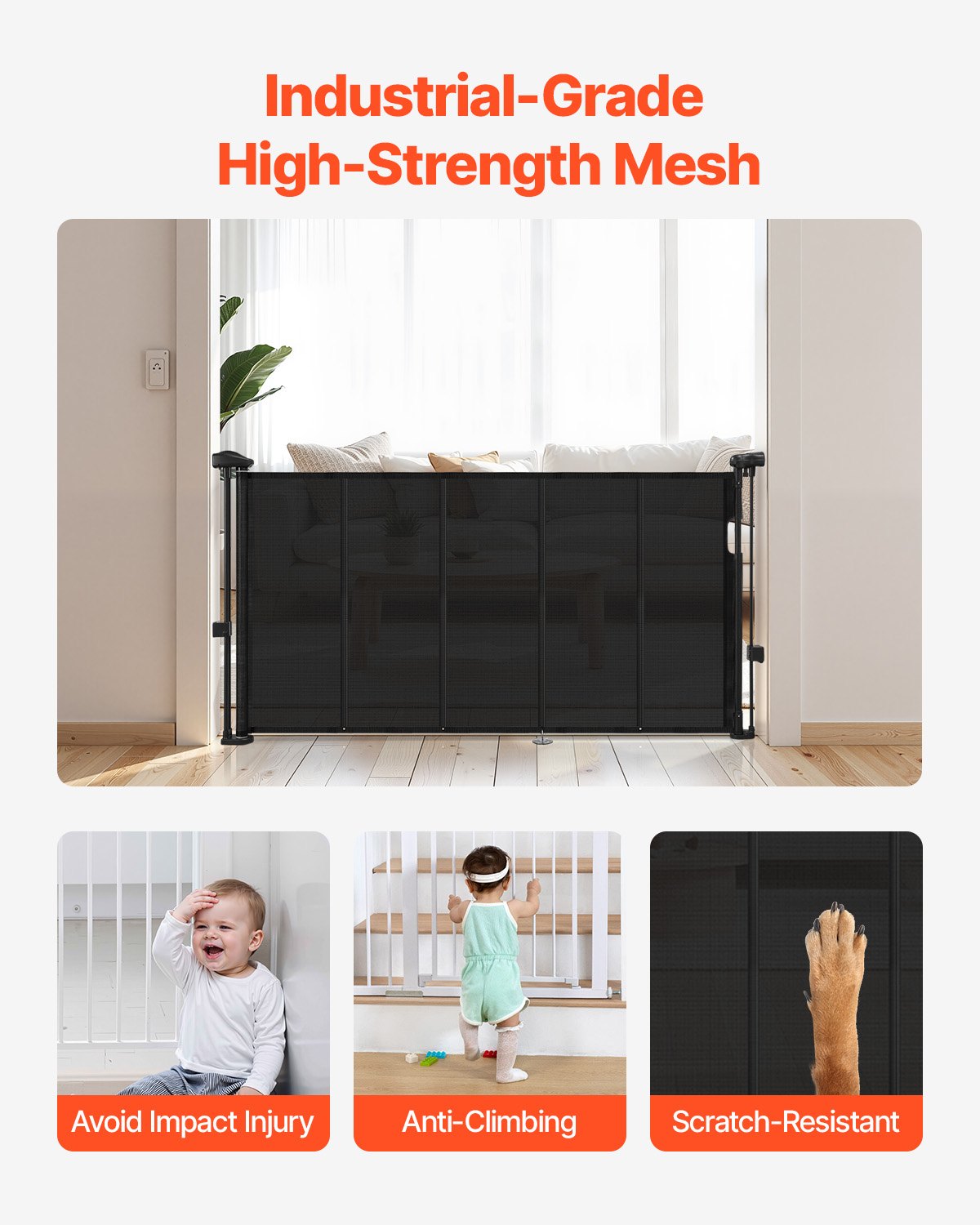 Puerta de Criba Retráctil, 34 Pulgadas de Alto, Se Extiende Hasta 55 Pulgadas de Ancho, Puerta Retráctil para Niños o Mascotas, Material de Malla, Fácil de Instalar para Escaleras, Ventanas, Pasillos y Habitaciones de Juego, Negro — imagen 2