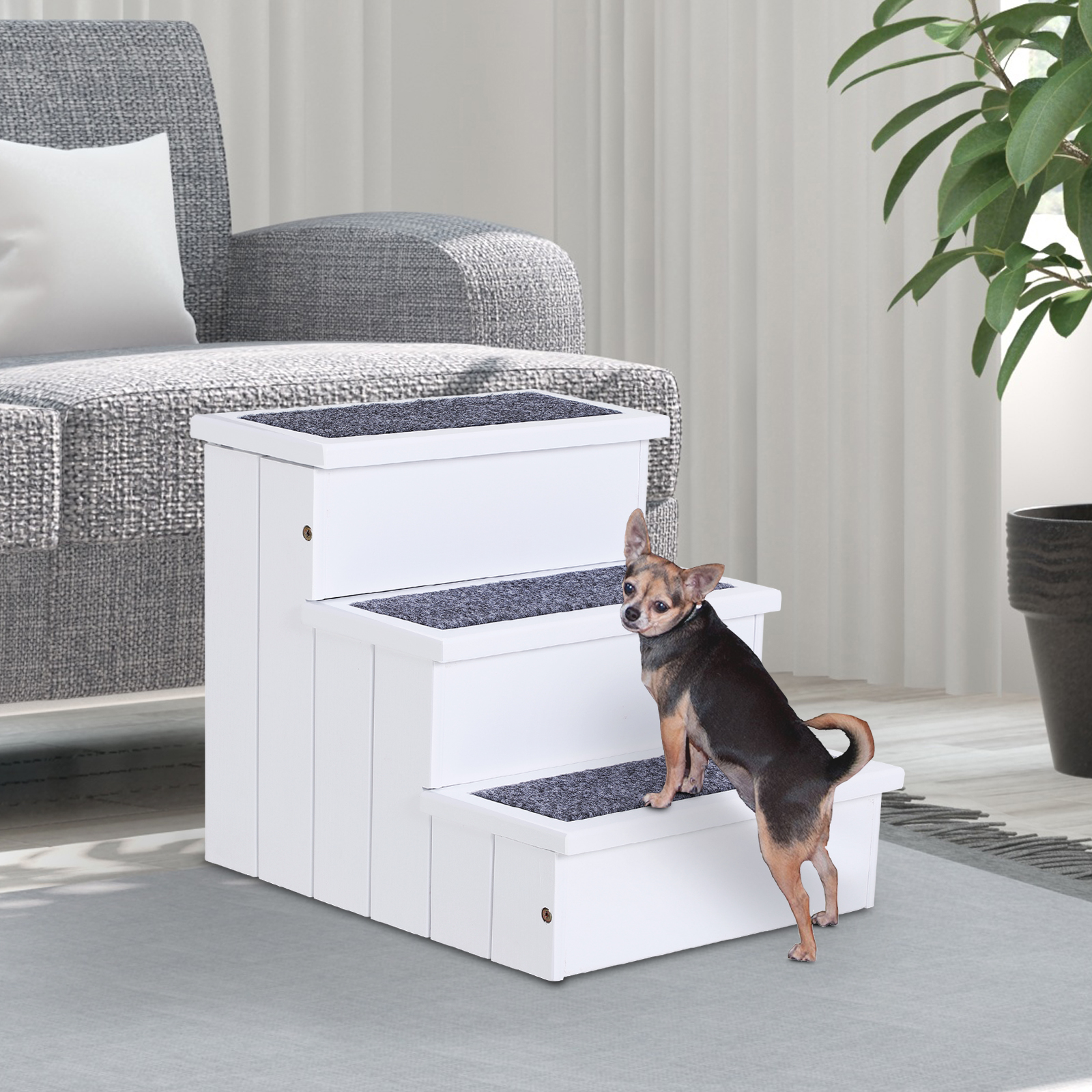 Escalera de Madera de 3 Escalones Alfombrada y Antideslizante para Gatos y Perros Pequeños - Blanco — imagen 6