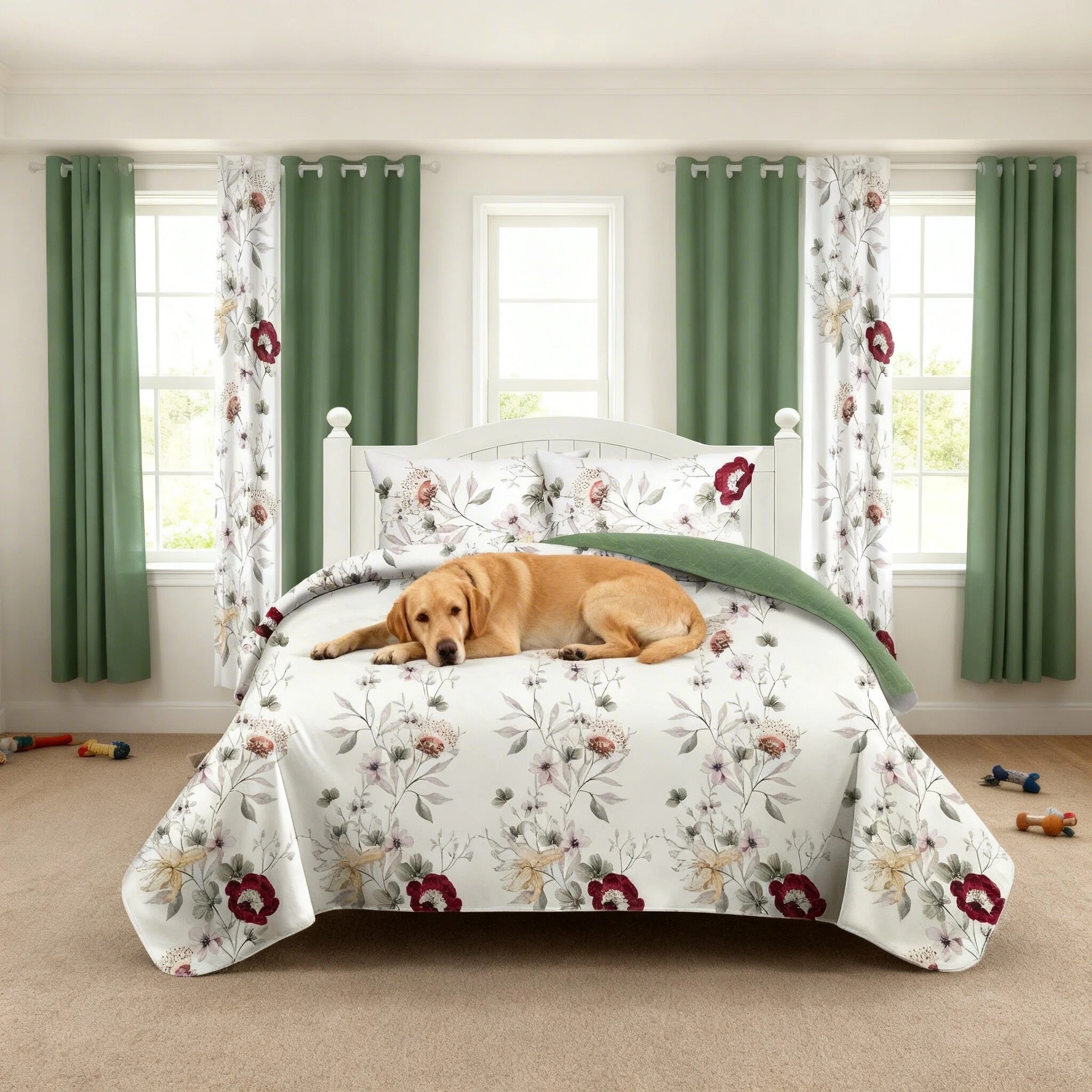 Juego de Edredón y Cortinas Room In A Bag de 9 Piezas, Colcha Gruesa con Estampado Botánico Floral Verde Salvia de Diseñador de EE. UU. con 6 Paneles de Cortina Personalizables, Cubrecama de Alto GSM Apto para Mascotas — imagen 3