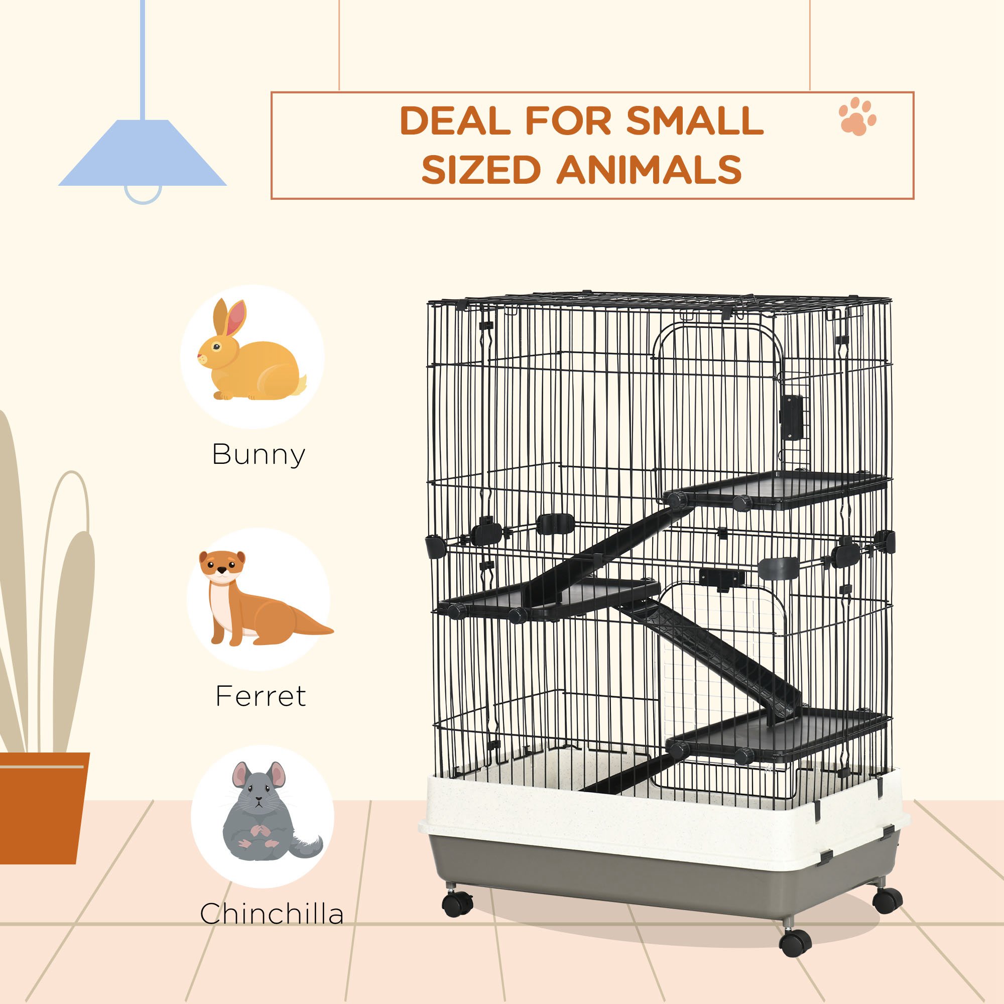 Caja para Pequeños Animales L de 4 Niveles con Ruedas Universales Bloqueables, Plataforma Deslizante para Conejos, Chinches y Ferretes, Negro — imagen 3
