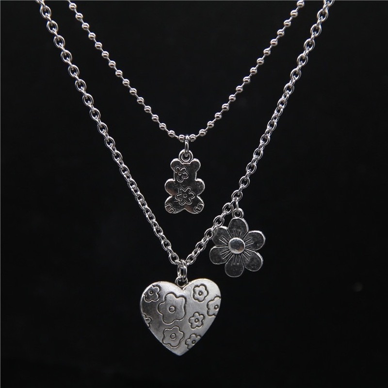 Punk Rock Flower Bear Heart Pendant Necklace Hip Hop Stainless Steel Jewelry Cool for Women Girl GiftsParty Nightclub Gifts — image 2
