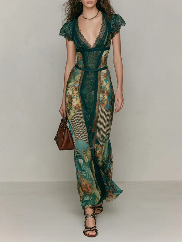 Vintage Emerald Green Lace V-Neck Short Sleeve Patchwork Oil Painting Print Fitted Flared Vacation Fish Tail Long Dress — image 6