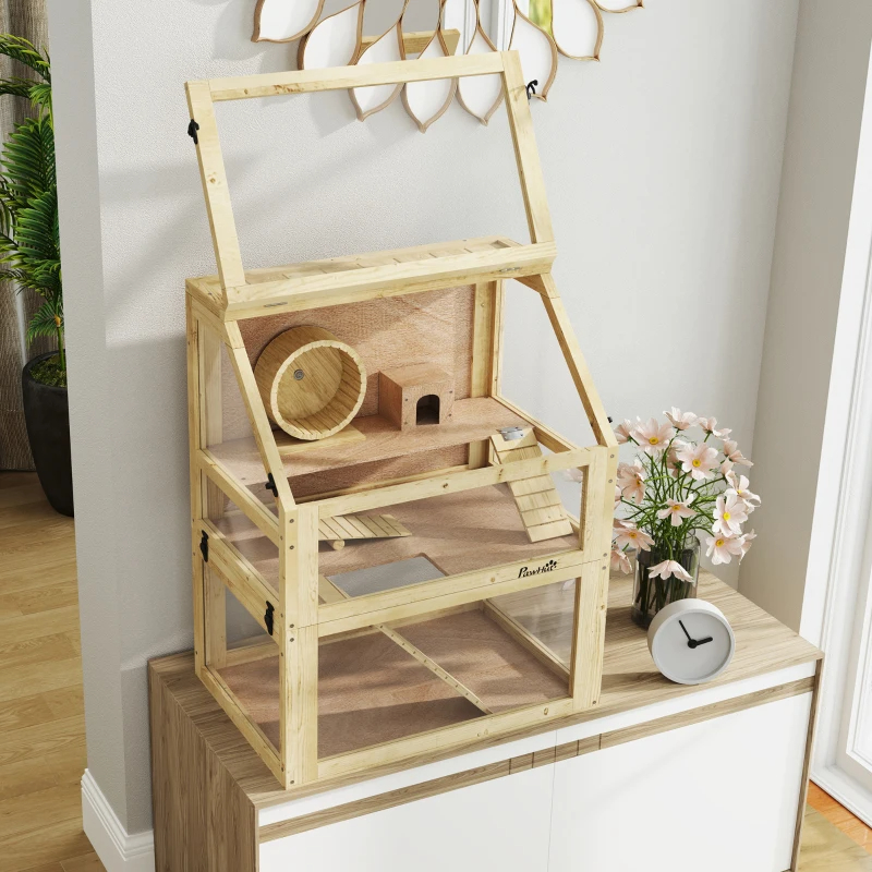 3 Tier Wooden Hamster Cage W Detachable Bottom, Hut, Seesaw, Exercise Wheel, Ramps — imagen 5