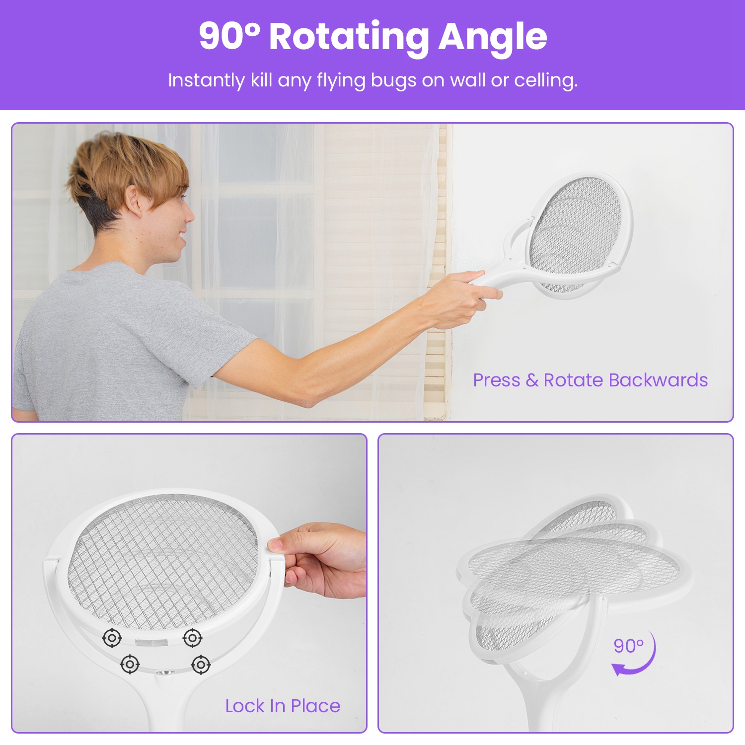 Raqueta Matamoscas Eléctrica 3 en 1 con Cabezal Giratorio de 90 Grados, Mata Mosquitos de Mano para Interior y Exterior con Vara de Extensión Telescópica — imagen 9