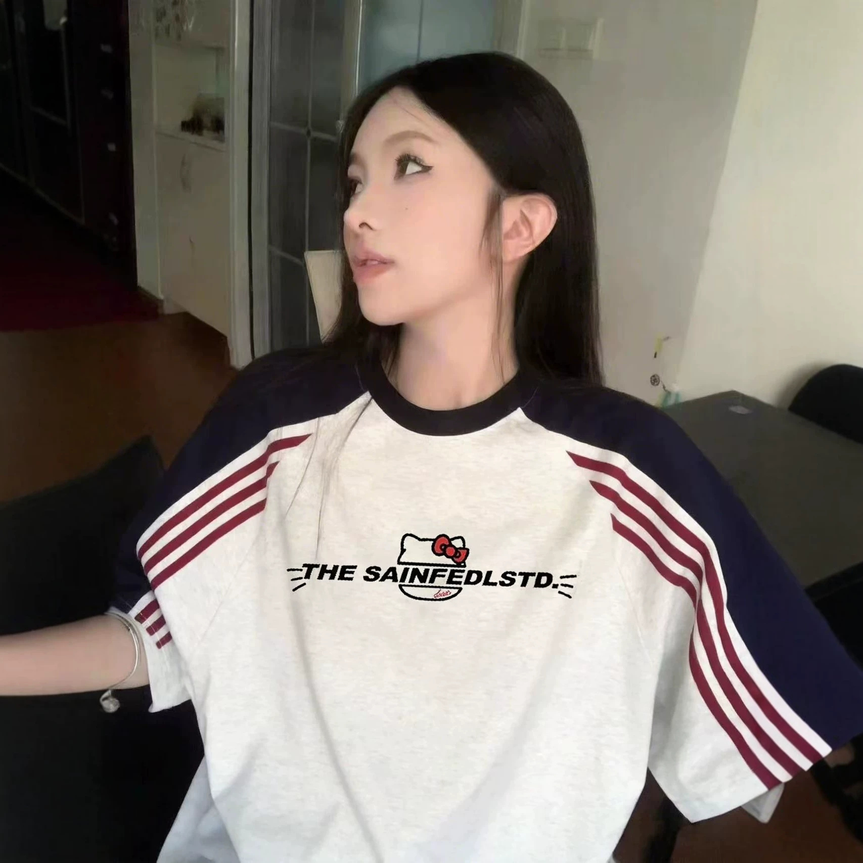 Cat Print Color-Blocking Short Sleeve T-Shirt for Women — image 6