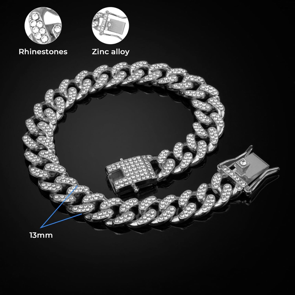 Collar de Perro con Cadena de Enlace Cubano en Plata con Diamantes y Cristales para Perros Grandes y Medianos 13mm Ancho Accesorios de Joyería para Mascotas — imagen 3
