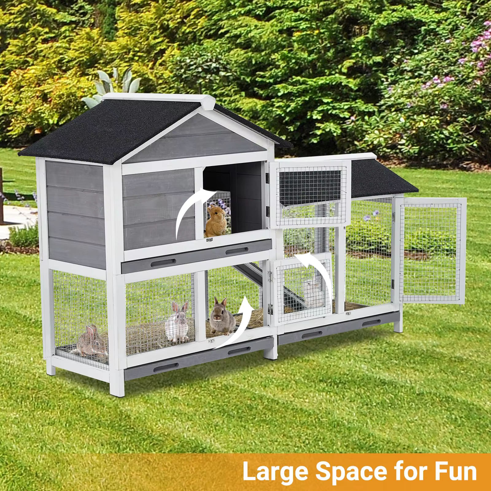 Conejera Interior de 58", Jaula para Conejos con 3 Bandejas Antifugas Removibles, Techo de Madera Impermeable, Conejera Interior/Exterior, Casa para Conejos de 2 Niveles/Gallinero, Gris y Negro — imagen 6