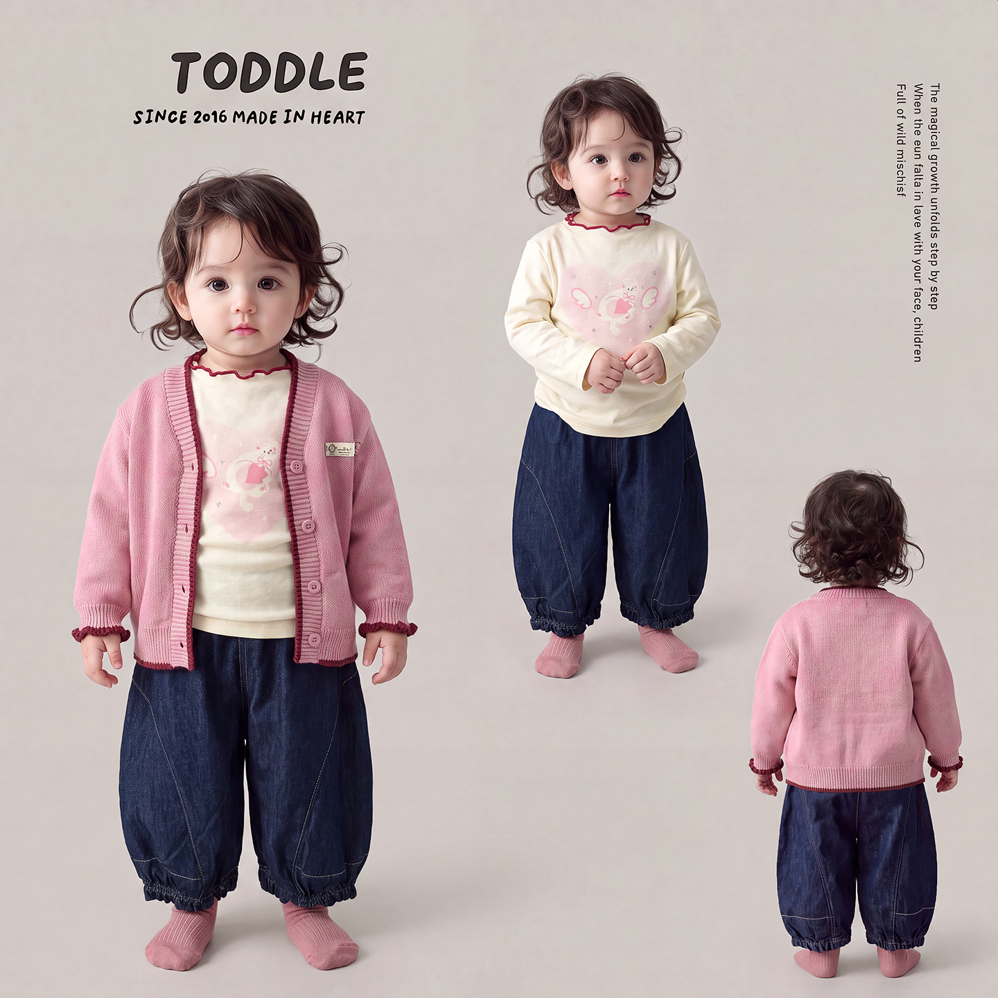 Knitted Cardigan, Cat Print Top, and Denim Lantern Pants Outfit — image 3