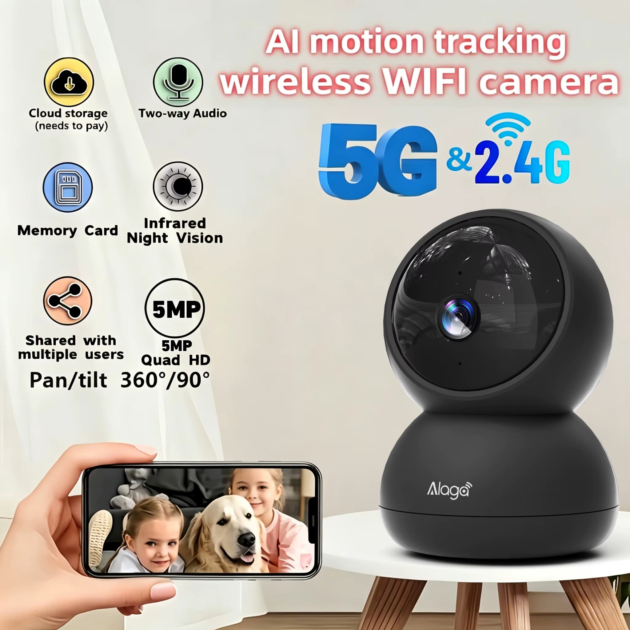 3K Pet Cámara para perros con aplicación móvil, WiFi 5G/2.4G, cámara de seguridad interior para bebés, detección AI 360° de panorámica e inclinación, audio bidireccional, visión nocturna