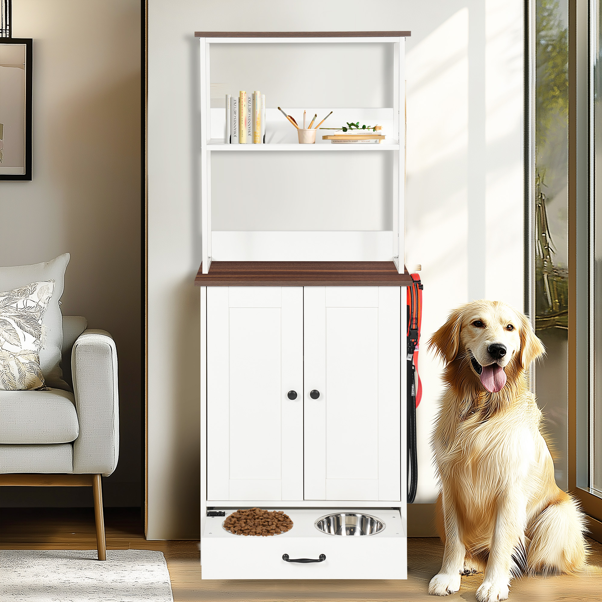 Estación de Alimentación para Mascotas con Tazas, Panel Ajustable, Estación de Alimentación para Perros con Almacenamiento, Estación de Comida para Mascotas para Suministros de Alimento y Agua, Estación de Alimentación para Perros con 2 Niveles de Almacenamiento Blanco — imagen 1