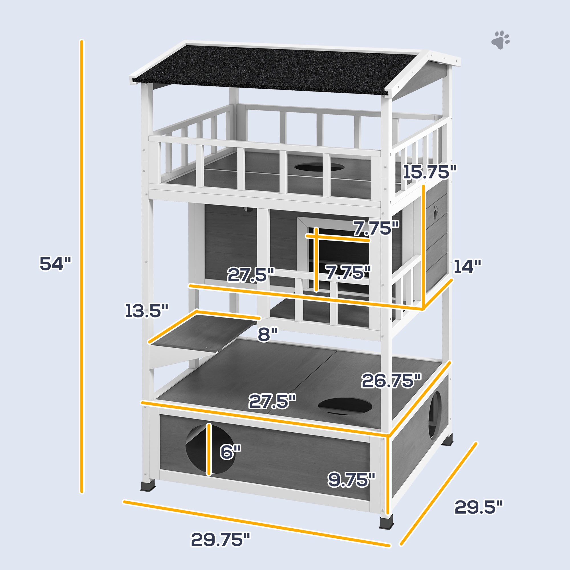 Wooden Outdoor Cat House with Asphalt Roof, Escape Doors, Condo, Jumping Platform, Light Gray — imagen 8