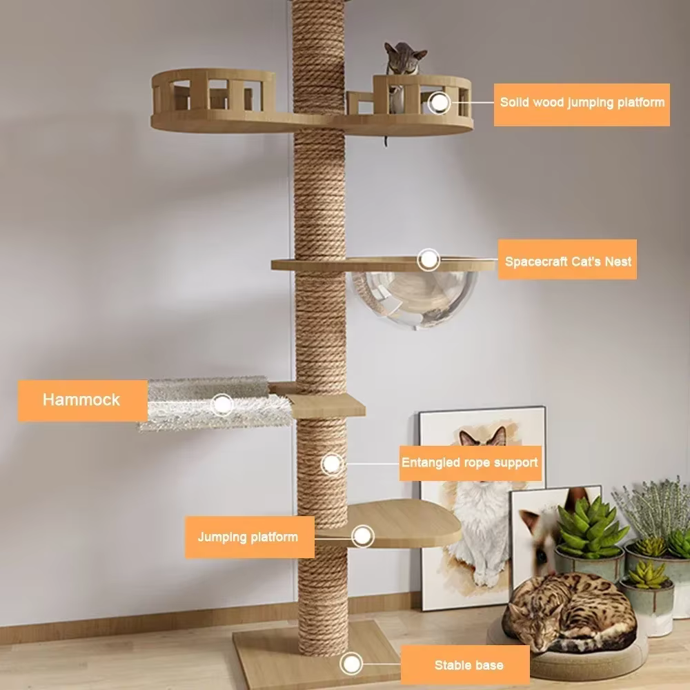 Cats Tree Floor Solid Wooden Pets Furniture Climbing Multifunction Kitten Trees Tower Adjustable Multilayer Cat Climbing Frame — image 2