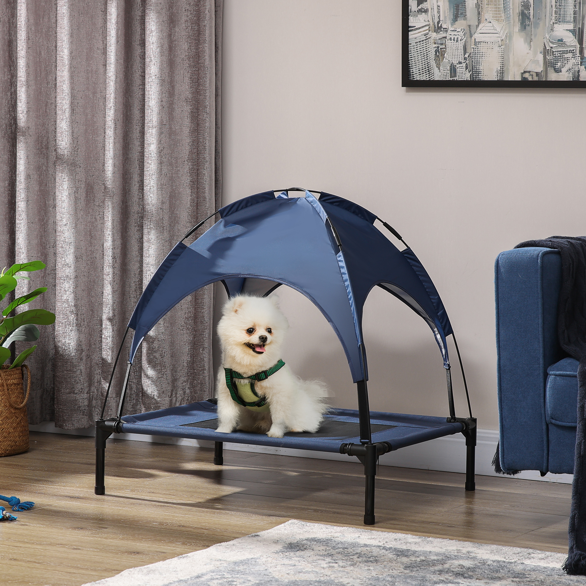 Cama Elevada Portátil para Perros con Techo de Protección UV, 30 pulgadas, Azul Oscuro — imagen 2