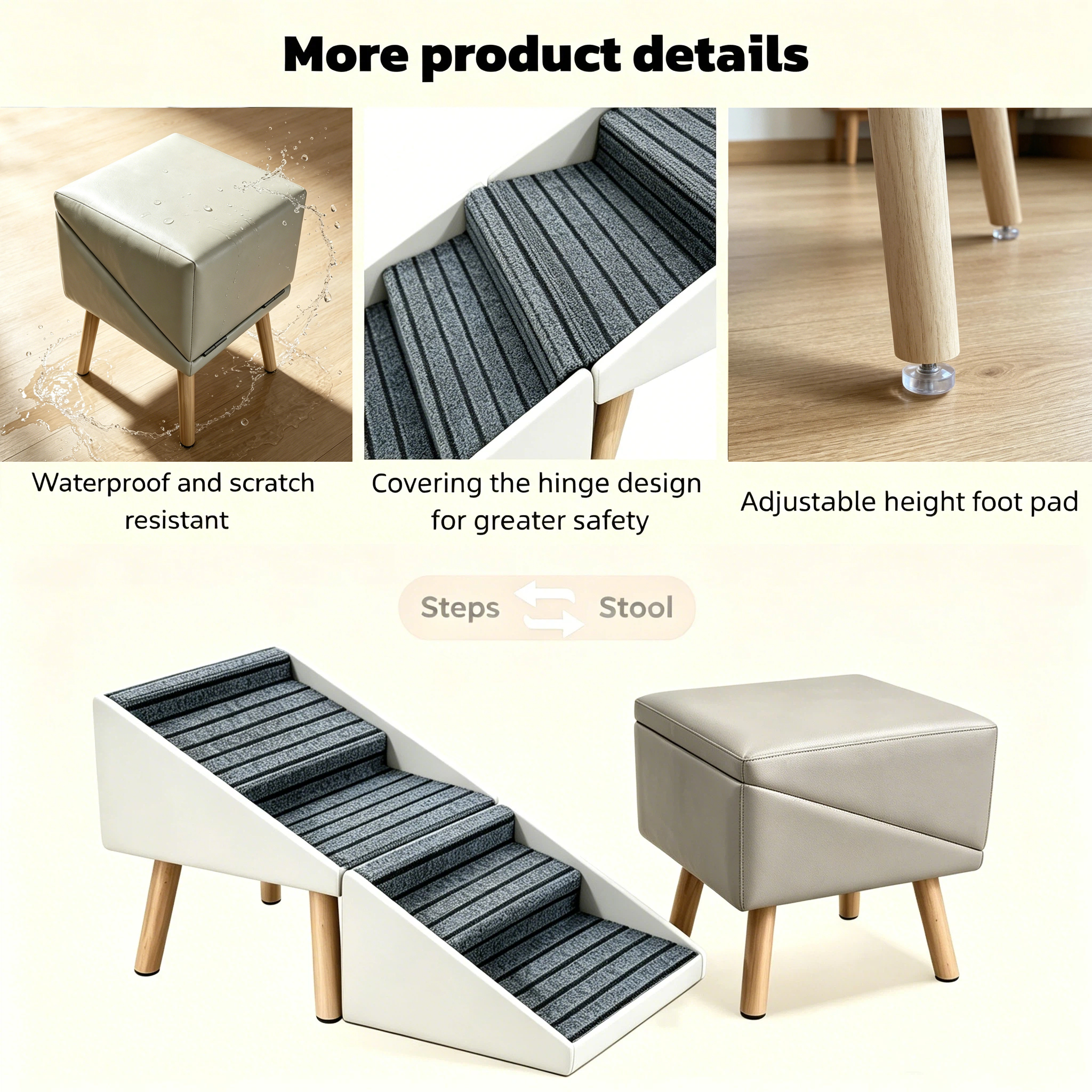 2-in-1 Dog Stairs for Bed and Couch 18.89" Foldable Dog Ramp for Couch 4 Pet Steps & Ottoman for Small Dogs, Beige — image 8