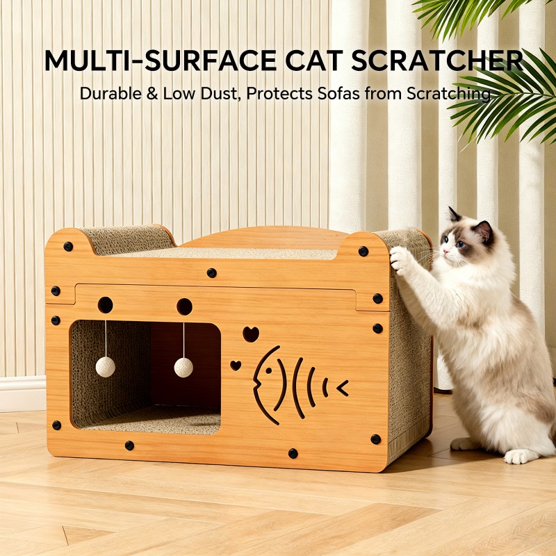 Bubble Fish Shape Cat Scratcher Sofa, With 2 Teaser Balls, Wood -Corrugated Scratcher, Cat Claw Care - Resting Toy — image 2