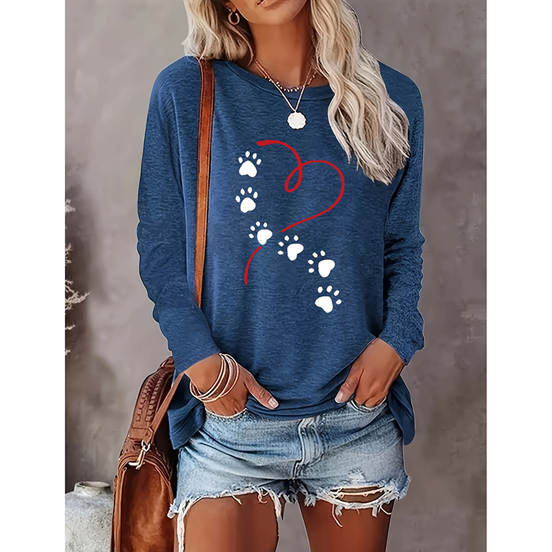 Camiseta de Mujer con Gráficos de Corazón y Huellas de Perro: Top Cozy para Primavera y Otoño — imagen 2