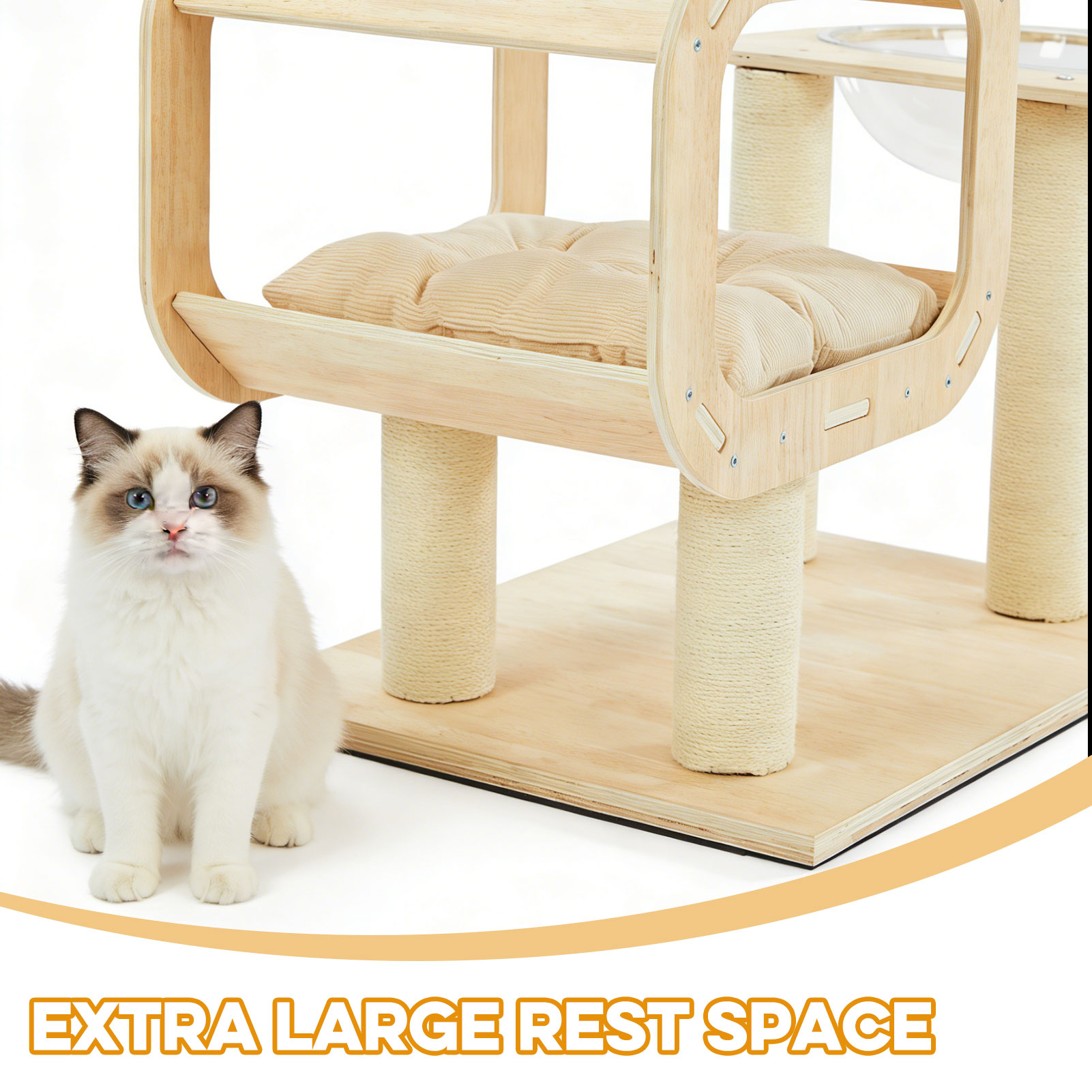 Modern Heavy-Duty No-Drill Cat Tree-Solid Wood Multi-Story Board, 4-Story Multi-Column Cat Tower, 57.9in For Multi-Cat Households, Open Condo, Space Capsule & Perch, Natural Wood Indoor Pet Furniture — image 7