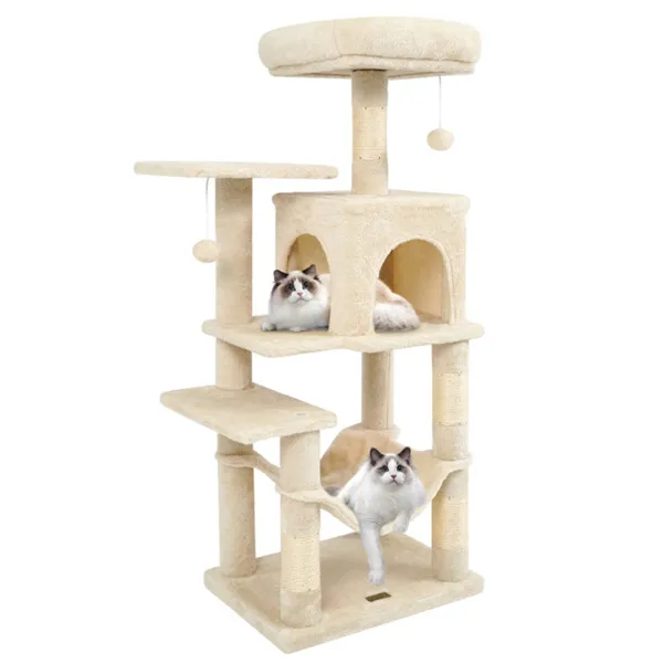 44" Multi-Level Cat Tree With Spacious Top Perch, 2-Door Condo & Hammock For Indoor Cats -Beige — image 1