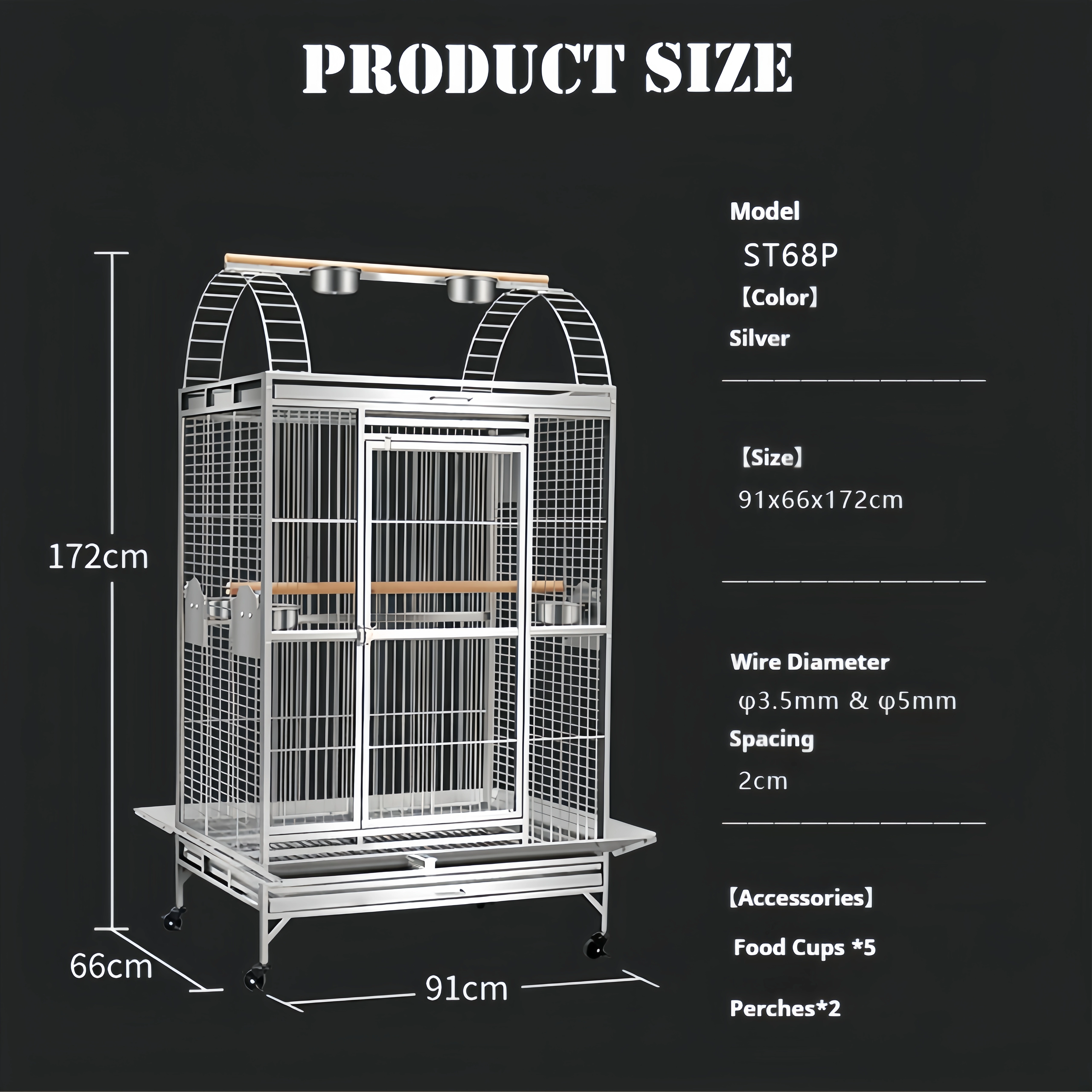 Large Stainless Steel Bird Cage Heavy Duty Parrot Aviary with 5 Cups 2 Perches for Indoor Outdoor — image 3