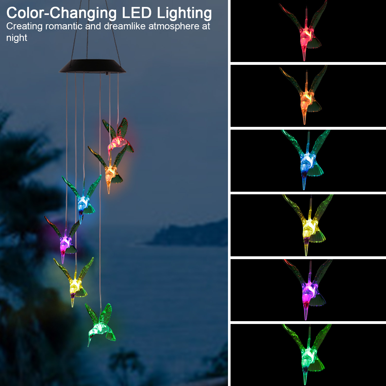 Lámpara de Viento con Colibrí LED Solar para Primavera - Luces de Cadeneta de 6 LEDs Cambiante de Color IP65 Resistentes al Agua Decorativa para Hogar Jardín Frontera Fiesta — imagen 1