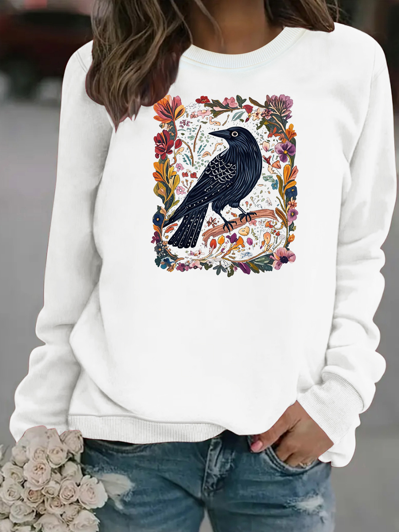Crow print round neck fleece hoodie — image 7