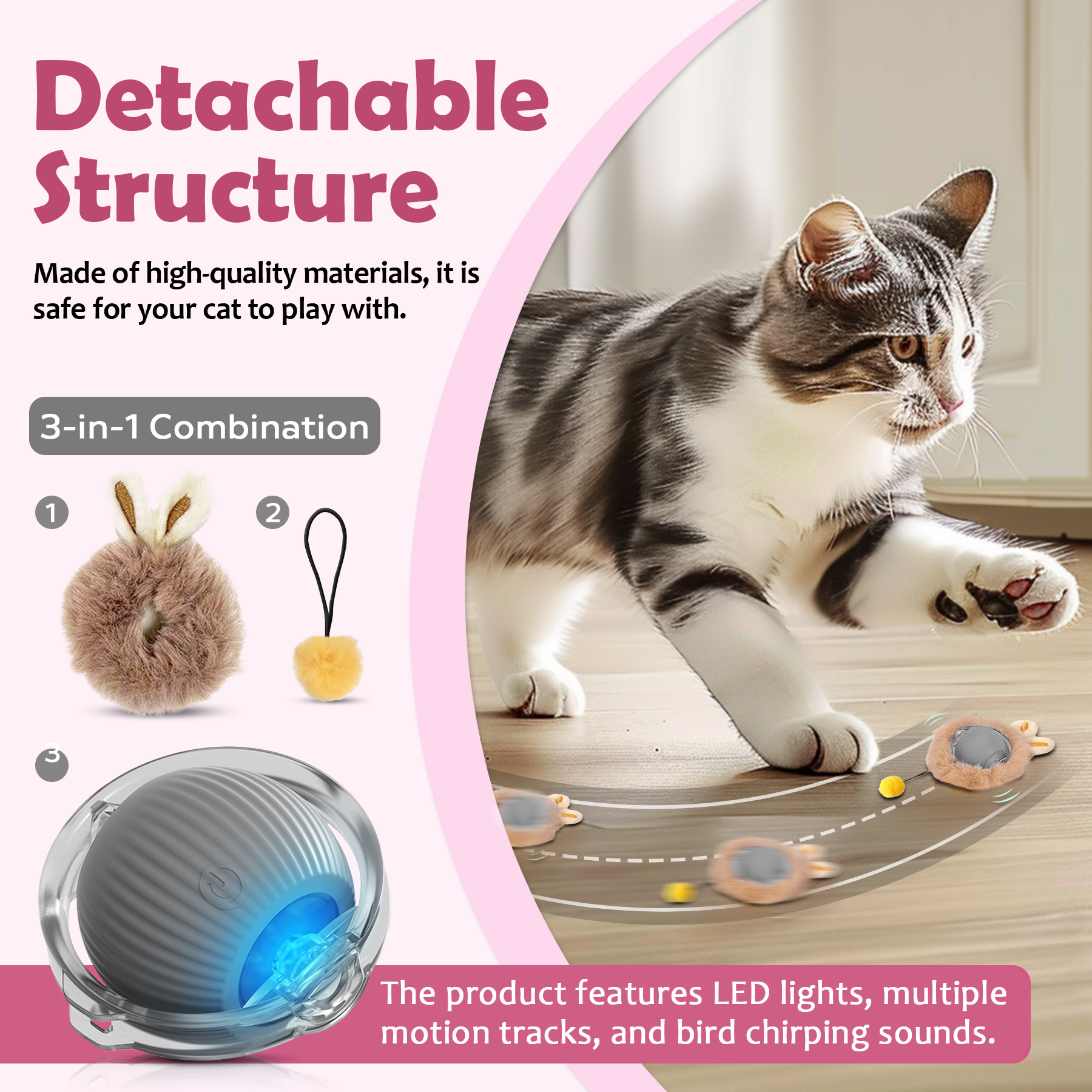 Juguetes Interactivos de Bola para Gatos y Perros - Pelota Móvil con Luces y Cola y Orejas de Conejo para Mascotas Domésticas — imagen 4
