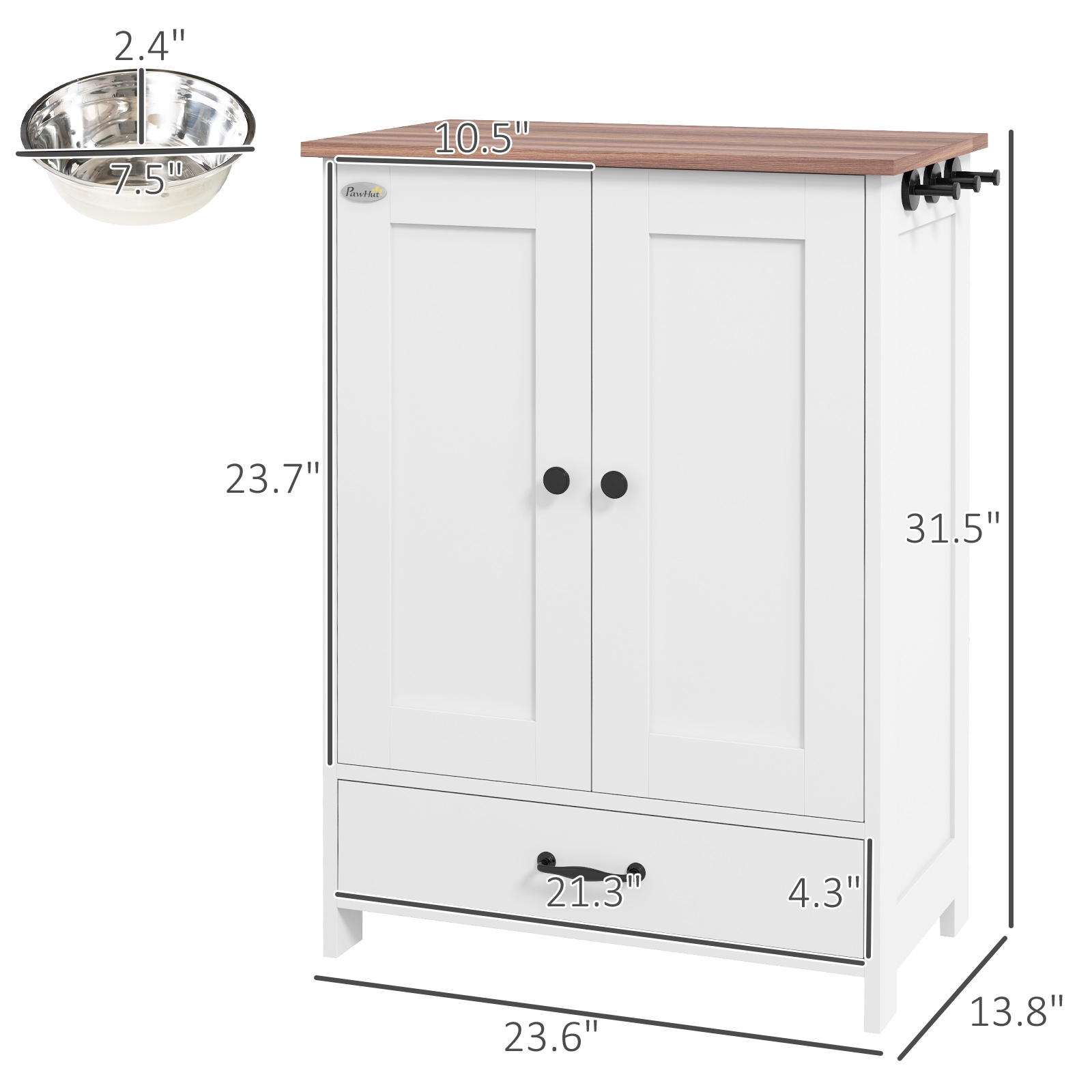 Pet Feeding Station, Dog Food Storage Cabinet w/ Raised Dog Bowls, Adjustable Panel, Hooks for Medium Dogs, White — image 5