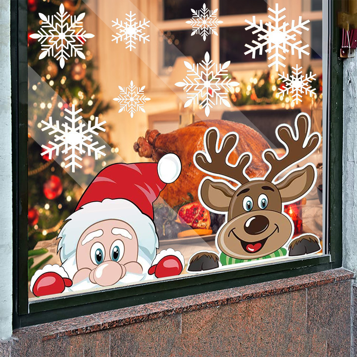 4 Láminas de Calcomanías de Copo de Nieve Navideñas para Ventanas de Vidrio, Reutilizables, Adhesivas por Ambos Lados, Estáticas, Calcomanías Navideñas de Copo de Nieve, Reno y Santa, Decoraciones para Ventanas Navideñas D — imagen 2