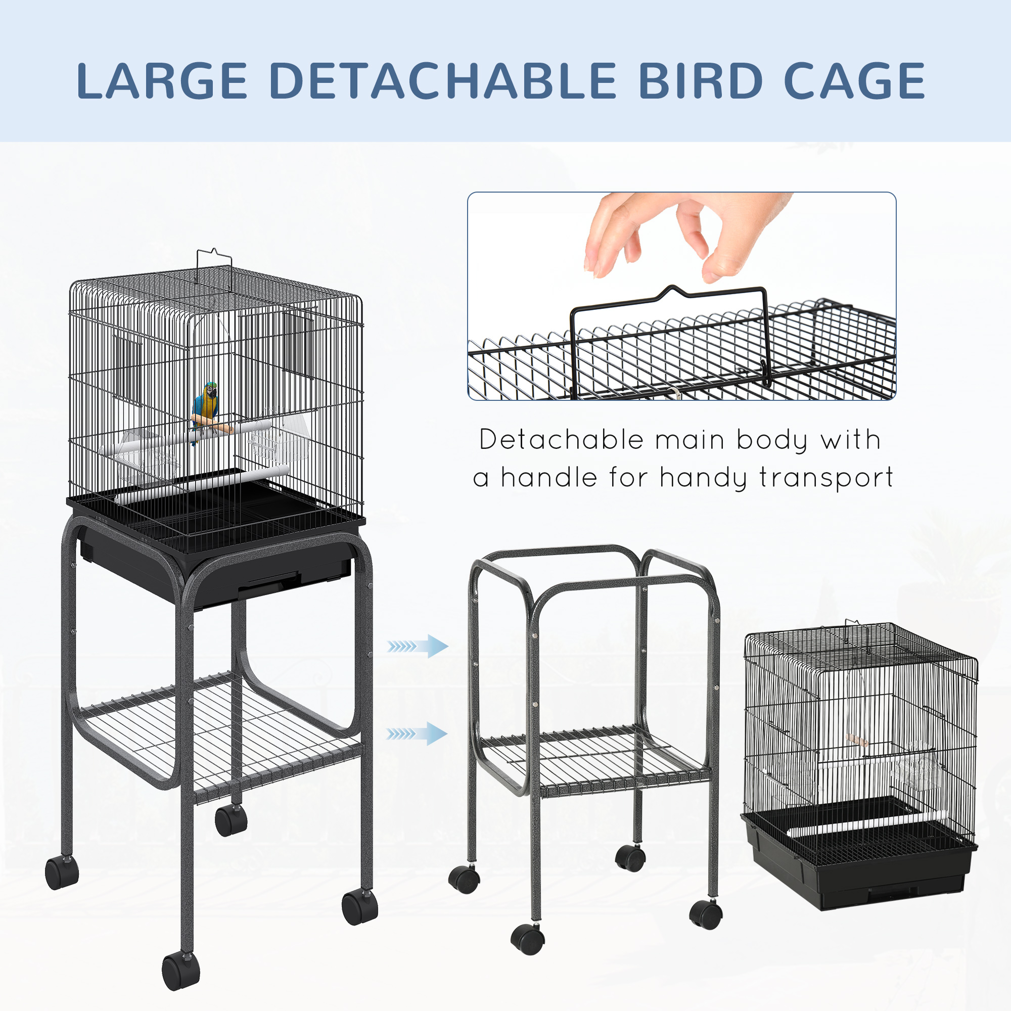 45-inch Metal Indoor Bird Cage, Parrot Cage, Bird Aviary with Detachable Rolling Stand, Storage Basket, and Accessories - Black — image 5