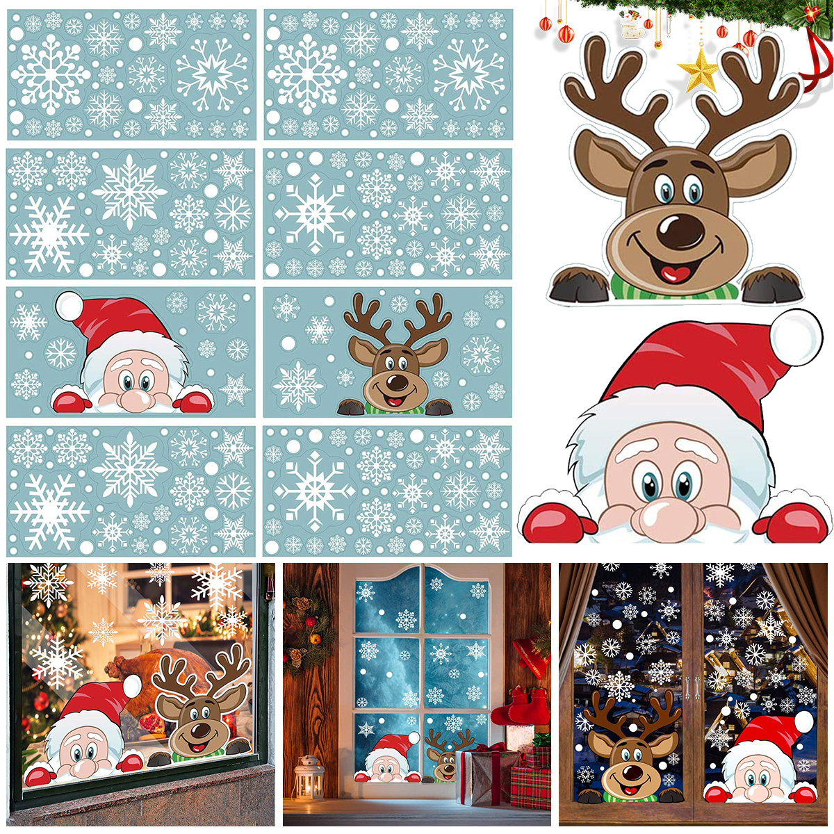 4 Láminas de Calcomanías de Copo de Nieve Navideñas para Ventanas de Vidrio, Reutilizables, Adhesivas por Ambos Lados, Estáticas, Calcomanías Navideñas de Copo de Nieve, Reno y Santa, Decoraciones para Ventanas Navideñas D — imagen 9