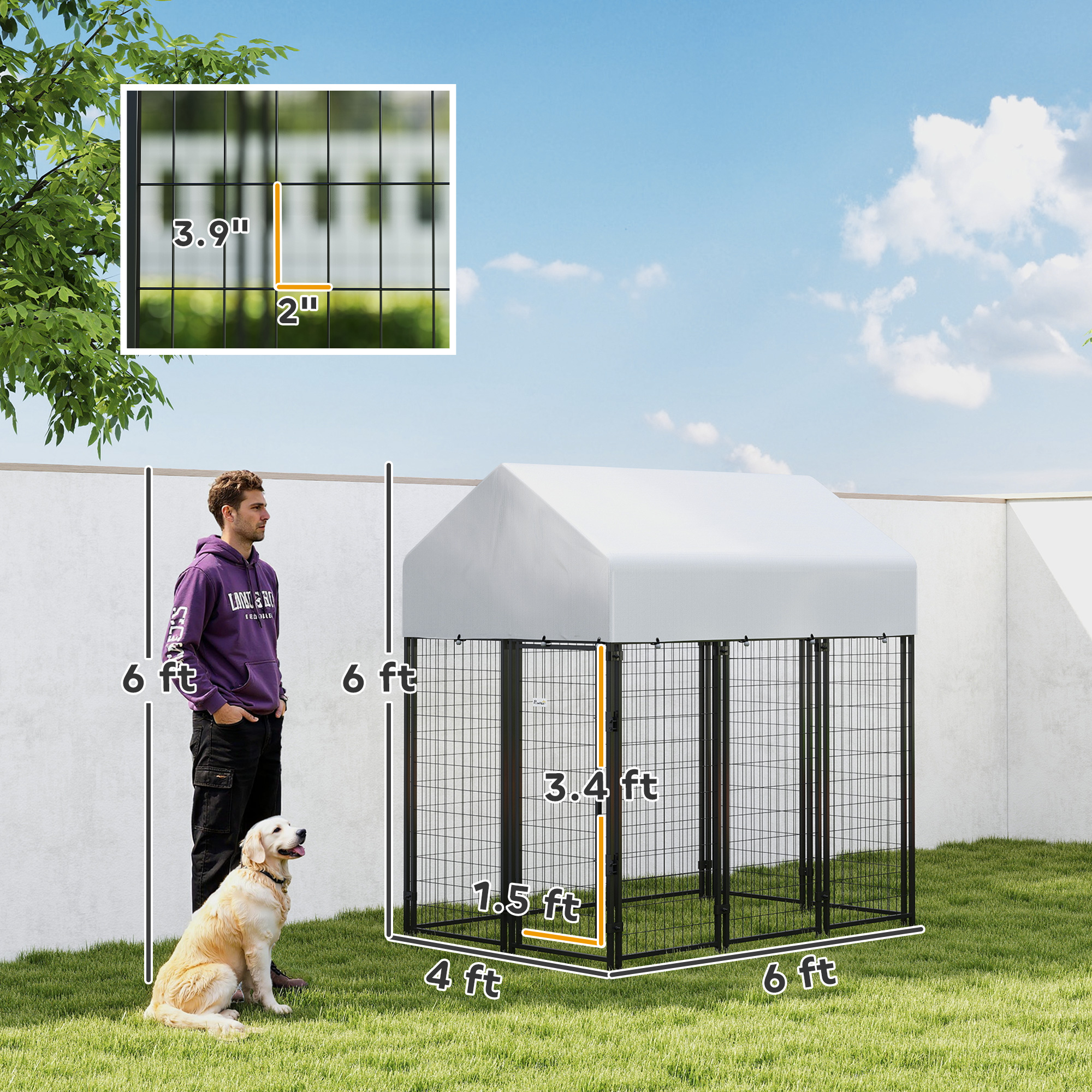 Cubo de Perro Exterior con Techo, 6 x 4 x 6 Caja de Jaula de Alambre Soldado Resistente al Escape para Actividad Canina — imagen 5