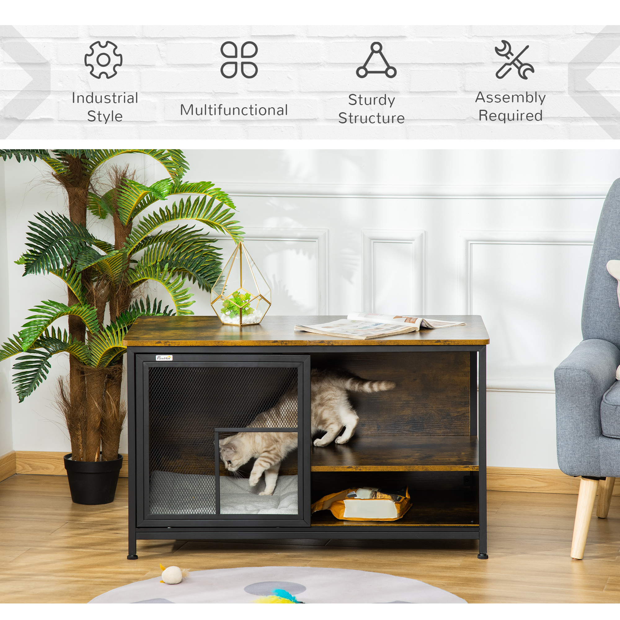 Wooden Cat Crate, Furniture Style Dog Cage, Puppy Kennel Indoor, End Table Pet House with Cushion and Sliding Doors, Rustic Brown — image 5