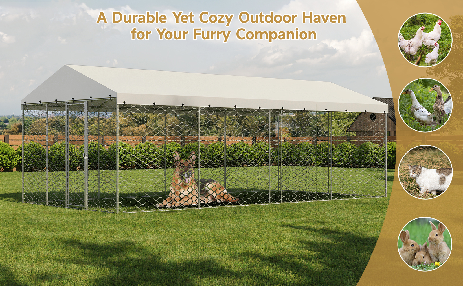 Casa de Perro Al Aire Libre Grande con Techo, Estructura de Acero Galvanizado Resistente, Cubierta Impermeable, Protección Toda el Tiempo, Jaula Segura para Perros Grandes, Multiple Animales — imagen 9
