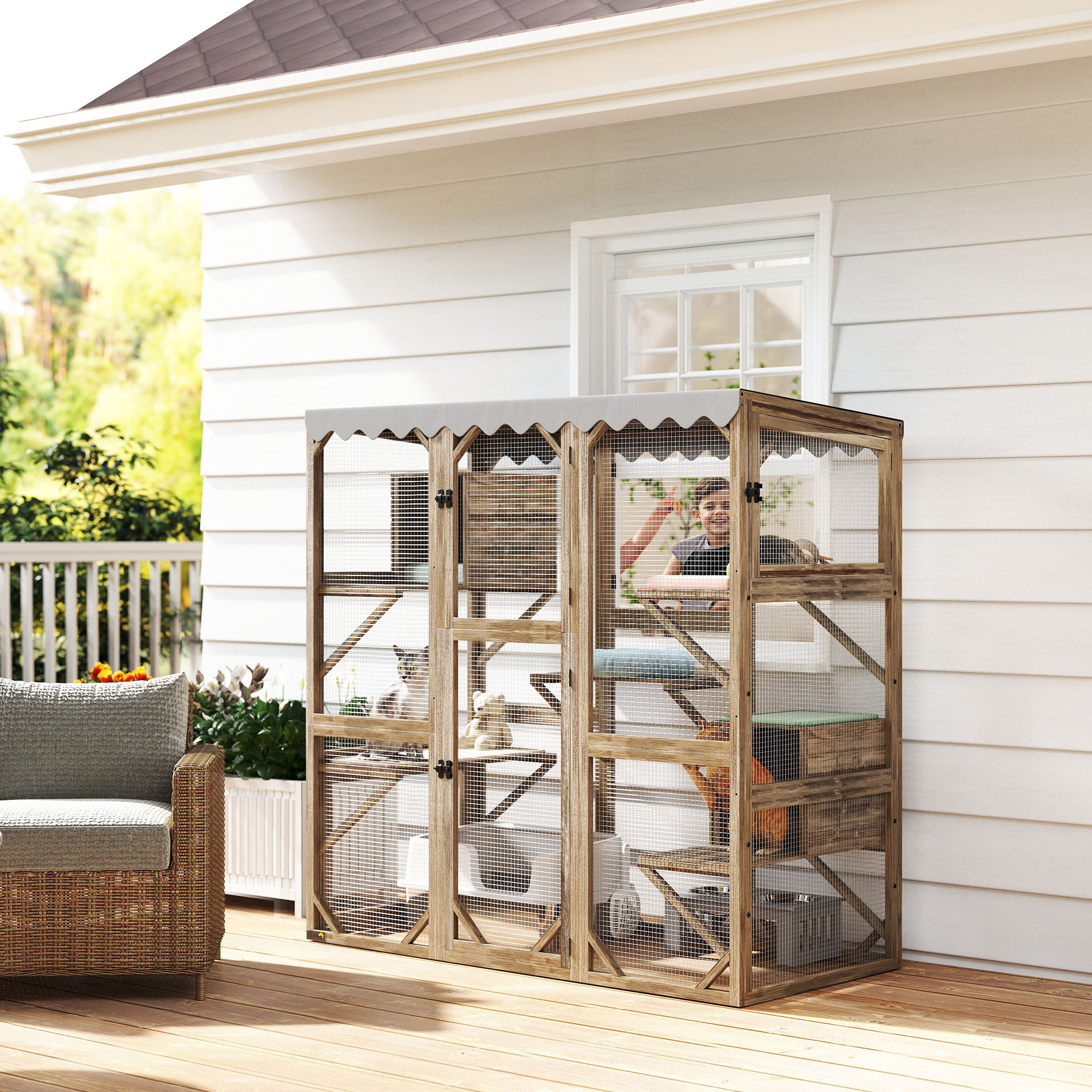 Cubo de Perro para Exterior con Acceso por Ventana, 5 Plataformas y 2 Casillas de Descanso, Techo Impermeable para Múltiples Perros, Marrón