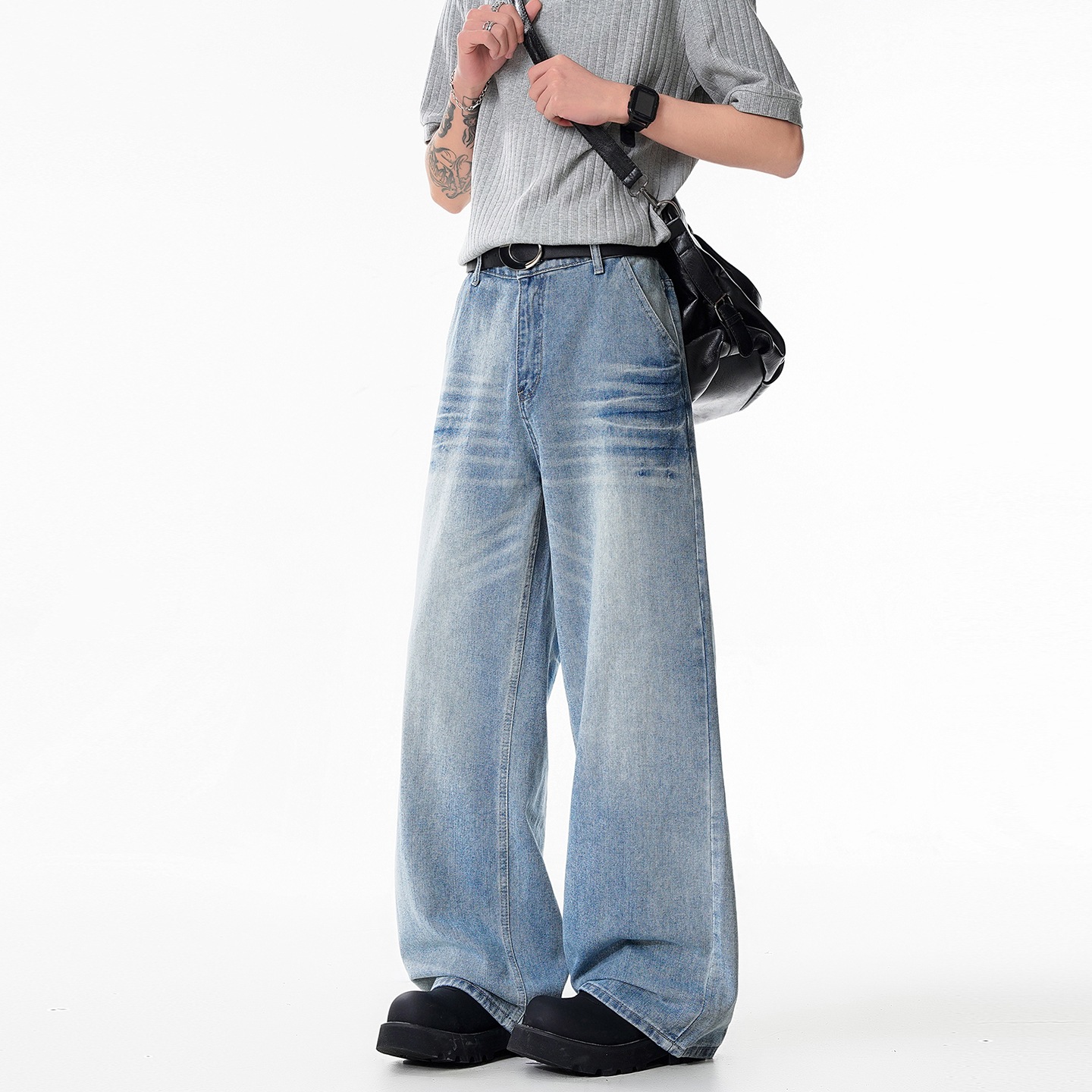 Relaxed Fit Cat-Whisker Washed Wide-Leg Jeans for Men — image 4