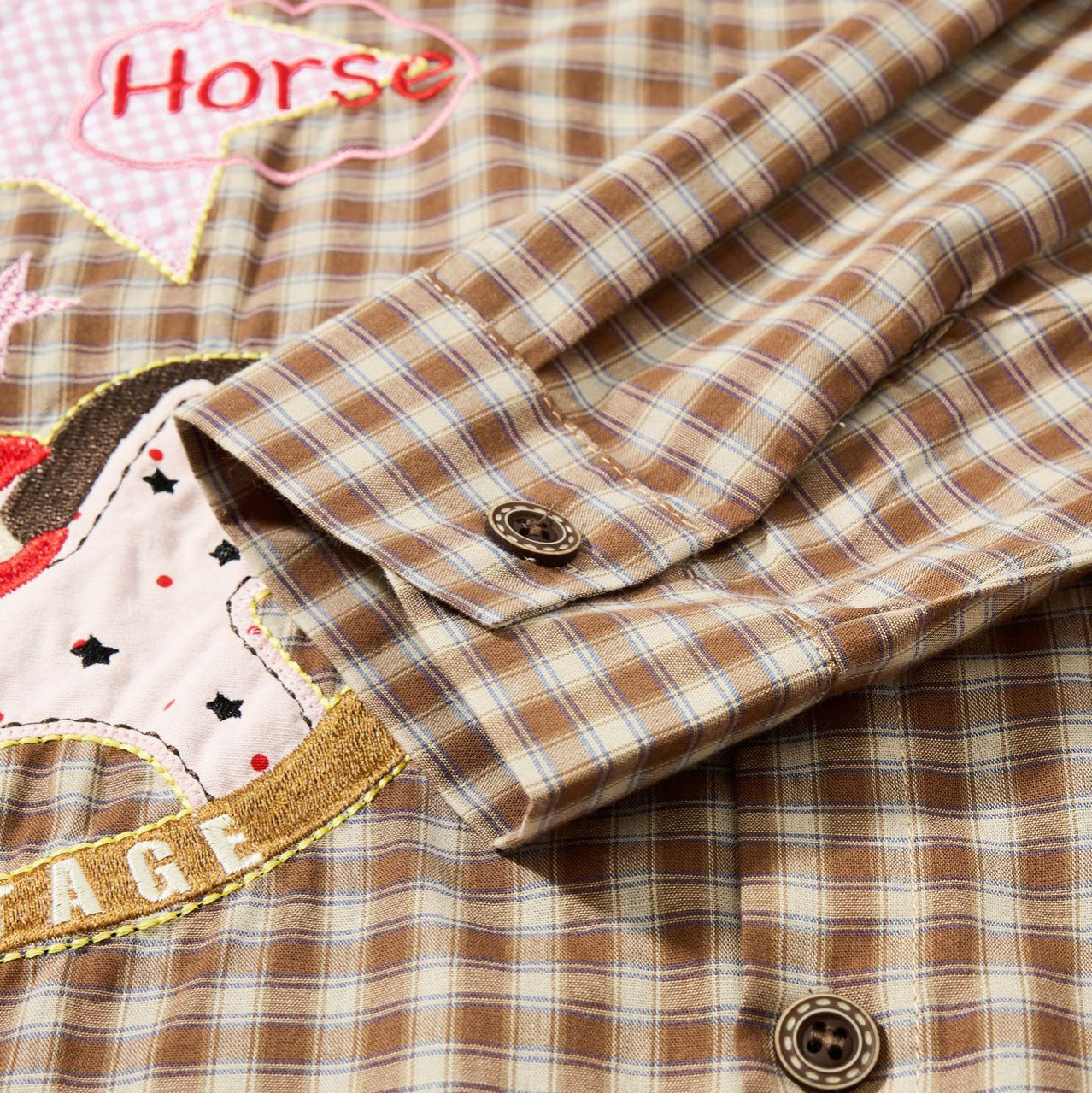Long Sleeve Shirt Unisex Collar Scarf Tie Patchwork Embroidery Horse Motif Oversized Top — image 4