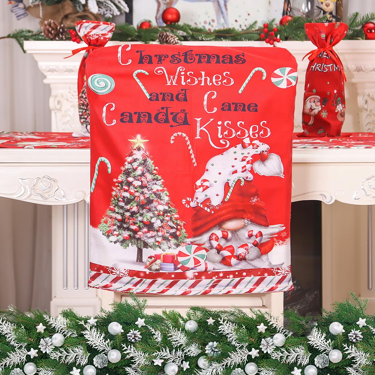 Christmas Home Decoration Cartoon Elderly Elk Printed Chair Cover Red Chair Cover Back Cover — image 3