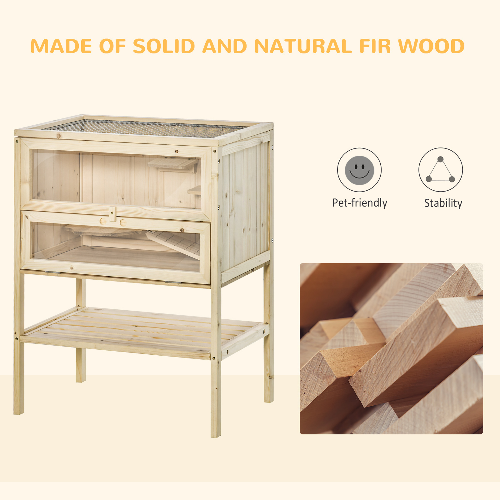 Jaula de Madera para Hámster de 3 Niveles, Jaula para Ratones y Ratas, Conejera para Animales Pequeños con Tapa Abatible, Puerta Frontal y Estante, Madera Natural — imagen 2
