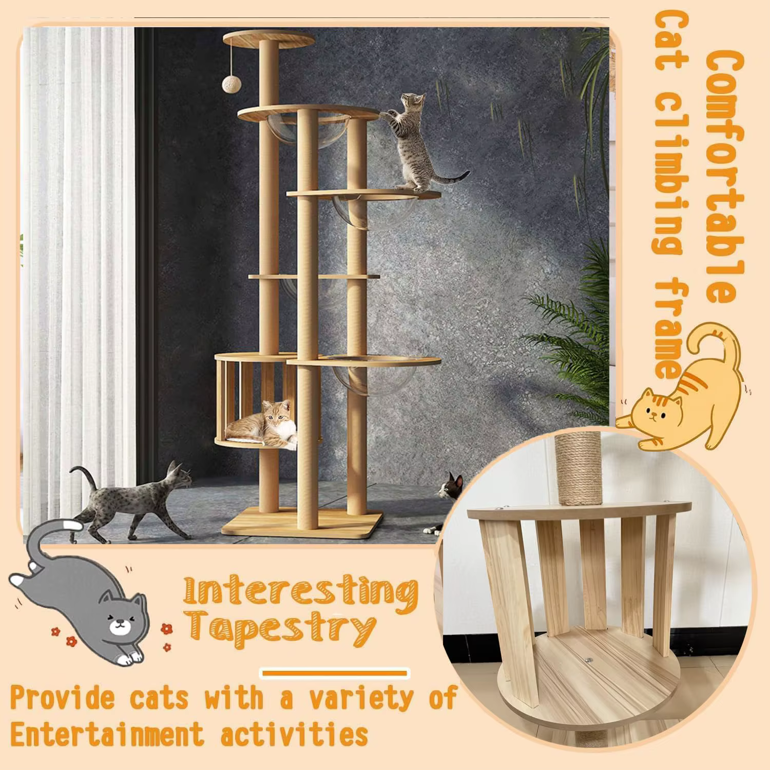 72.1-Inch Large Cat Tree for Indoor Adult Cats, 4 Bowls & 12 Sisal Posts with Cage Perch Toy Balls Wood, Customized — image 3