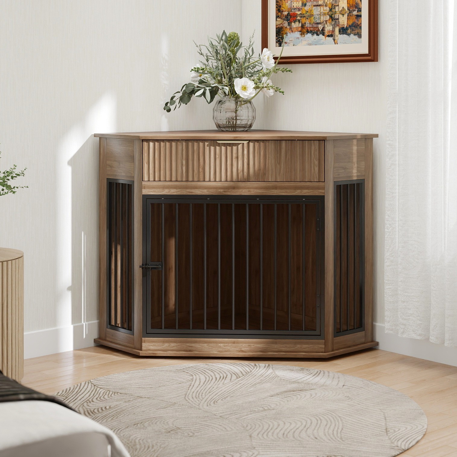 Jaula de esquina de 44.6" en MDF, mueble estilo jaula para perros pequeños y medianos, mesa auxiliar decorativa con cajón acanalado, gabinete moderno para ahorrar espacio, para interior, nogal — imagen 3