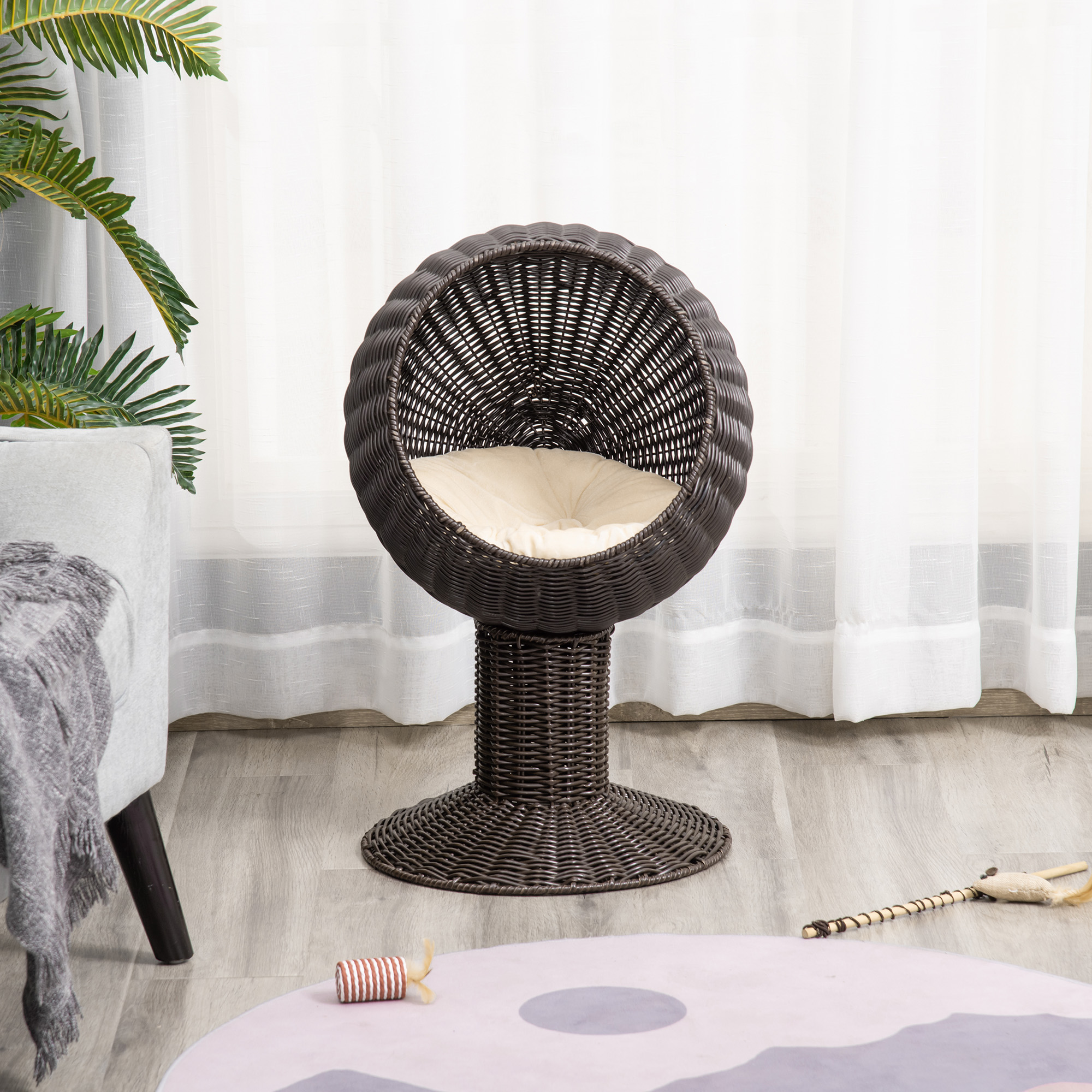 Cama Elevada para Gatos de 27", Silla Huevo Giratoria, Cojín Grueso, Estera Natural Tejida, Color Café — imagen 1