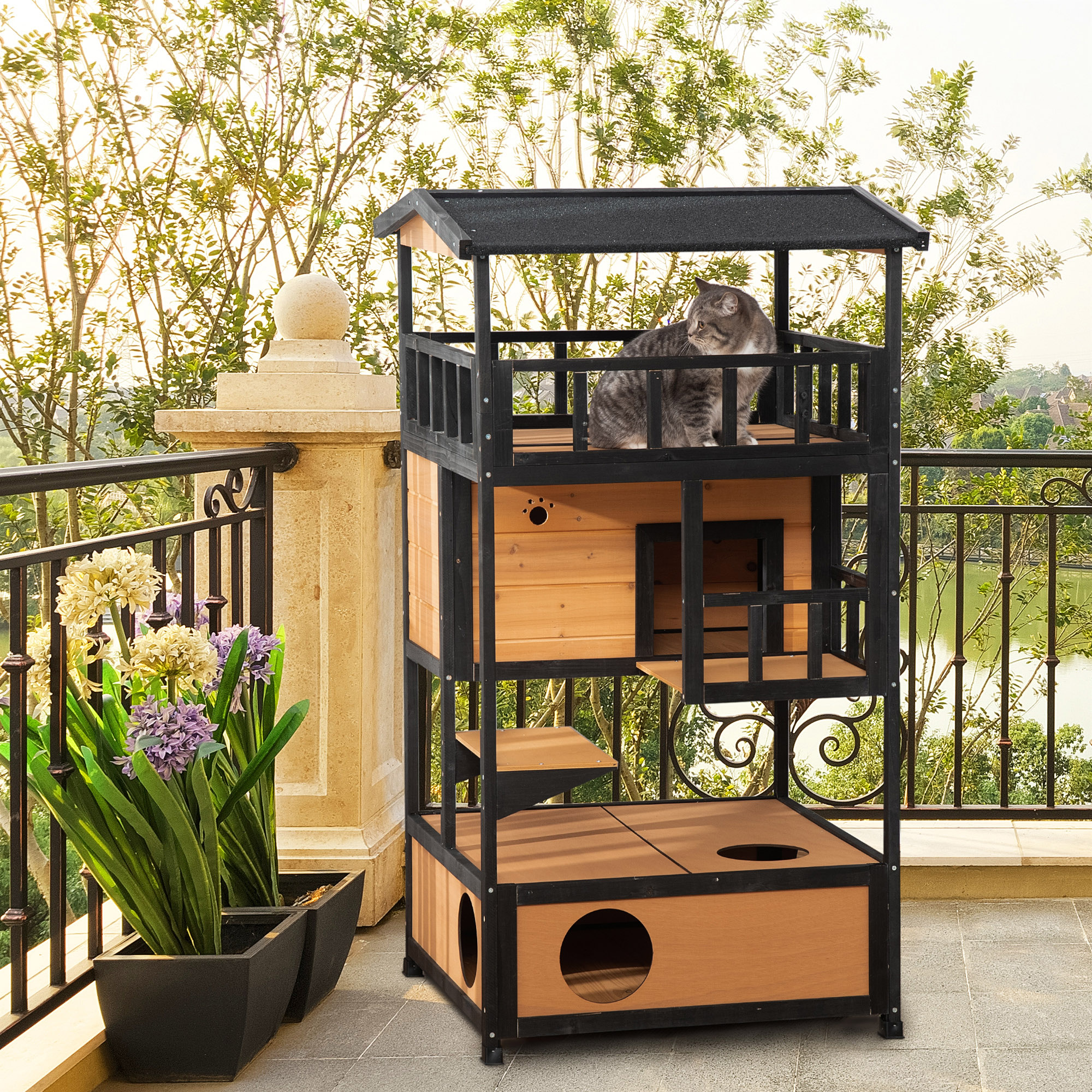 Wooden Outdoor Cat House, Feral Cat Shelter Kitten Condo with Asphalt Roof, Escape Doors, Condo, Jumping Platform, Yellow — image 1