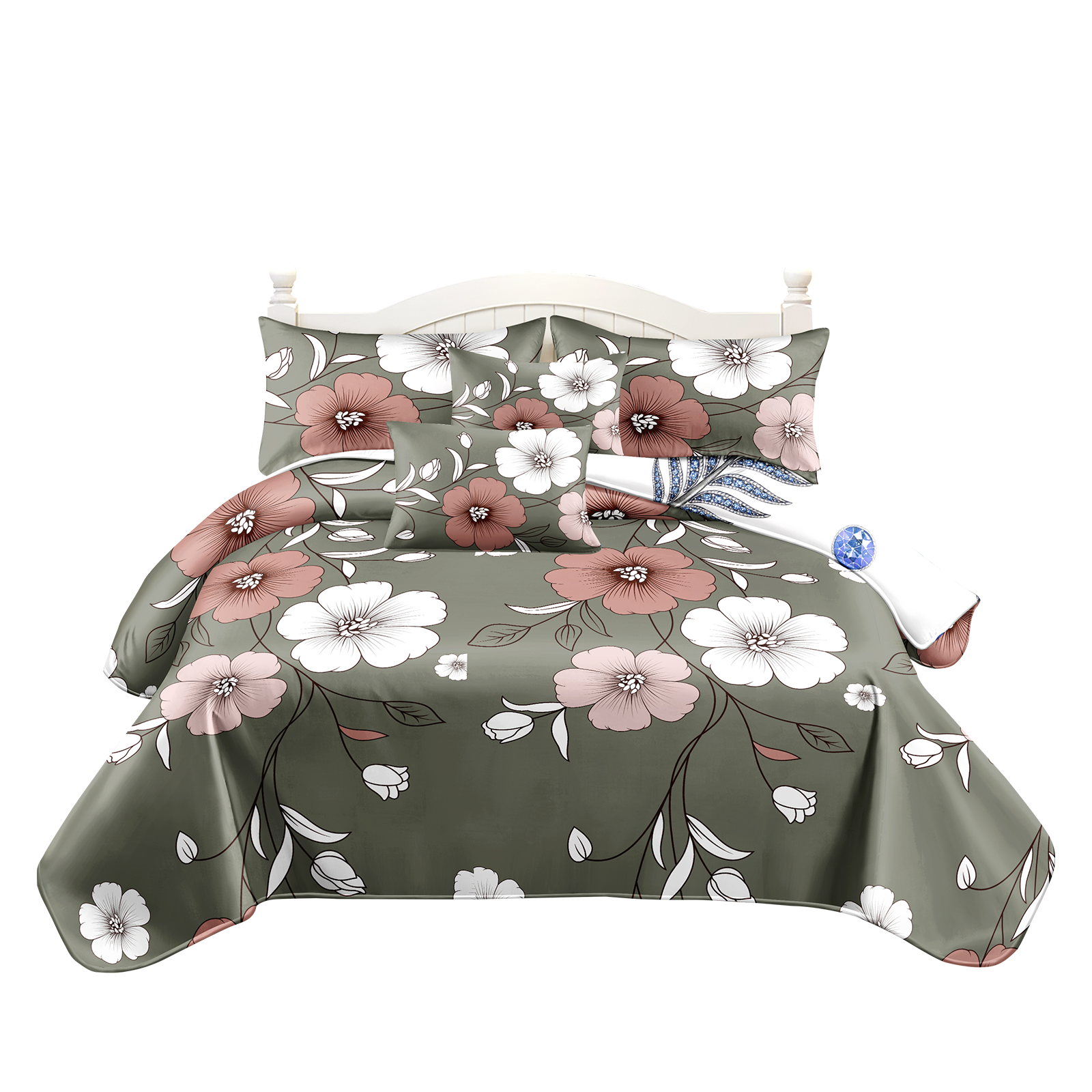 Set de Funda Nórdica Reversible de 5 Piezas, Estampado Floral Vintage Verde Salvia de Diseñador Estadounidense, Ropa de Cama de Peso Pesado con Fundas de Almohada y Cojines, Alto GSM y Resistente a Mascotas — imagen 1
