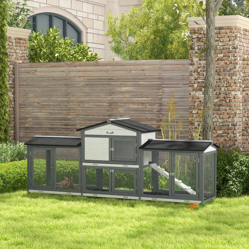 Wooden Rabbit Hutch Bunny Cage Pet Playpen House Enclosure With Double Side Run Boxes, No Leak Tray, Ramp, For Rabbits, Chickens, Ducks, Guinea Pig And Small Animals, Light Gray — image 5