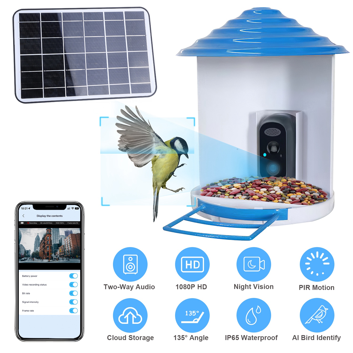 Alimentador Inteligente de Pájaros con Cámara Solar 1080p HD Reconocimiento AI de Pájaros Función de Movimiento Automático Grabación de Video Almacenamiento en la Nube Tarjeta WiFi Conexión App Control IP65 Resista a la Lluvia — imagen 1