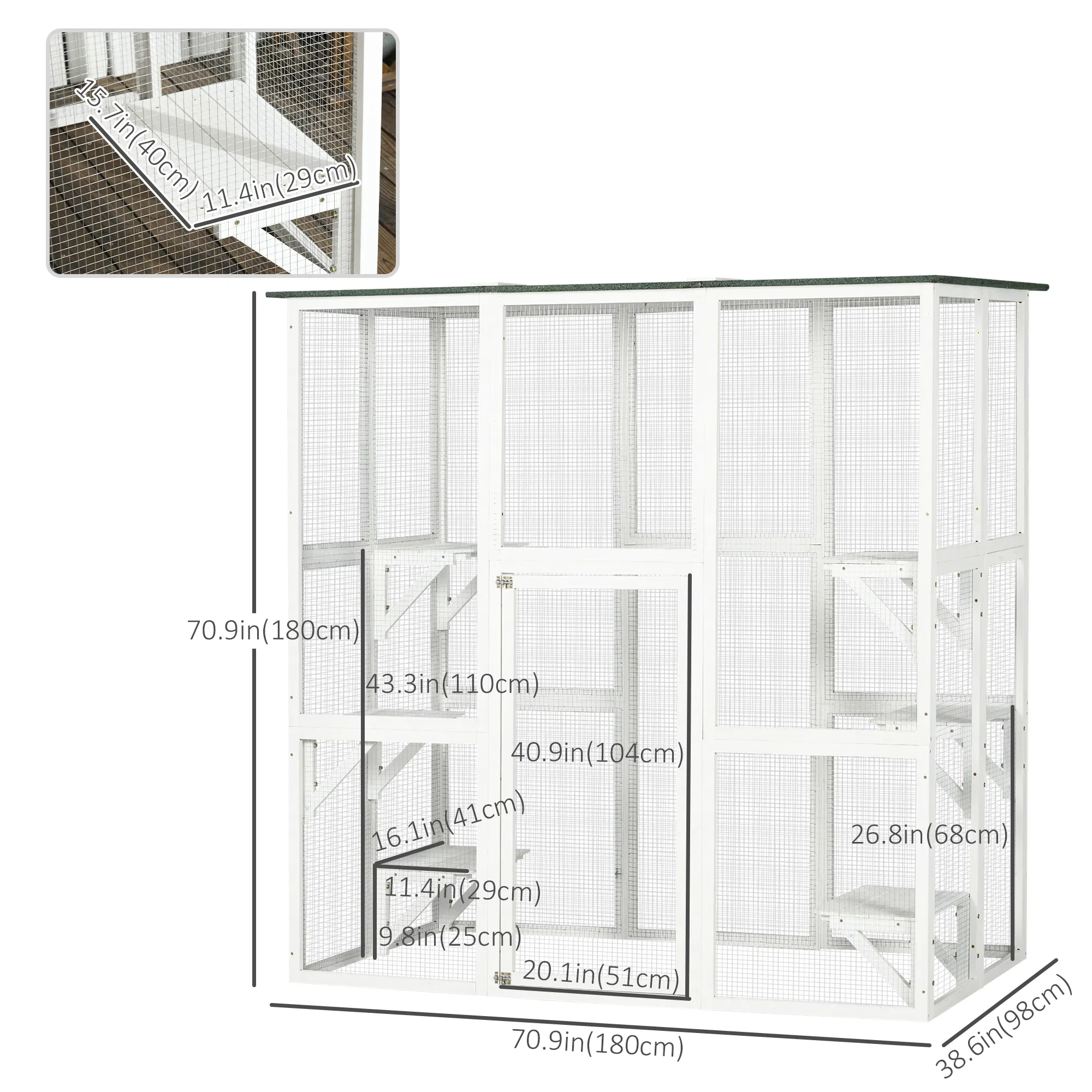 Large Outdoor Catio Enclosure, Wooden Cat Patio with 6 Balanced Platforms and Asphalt Roof, 70.9" x 38.6" x 70.9", White — image 3