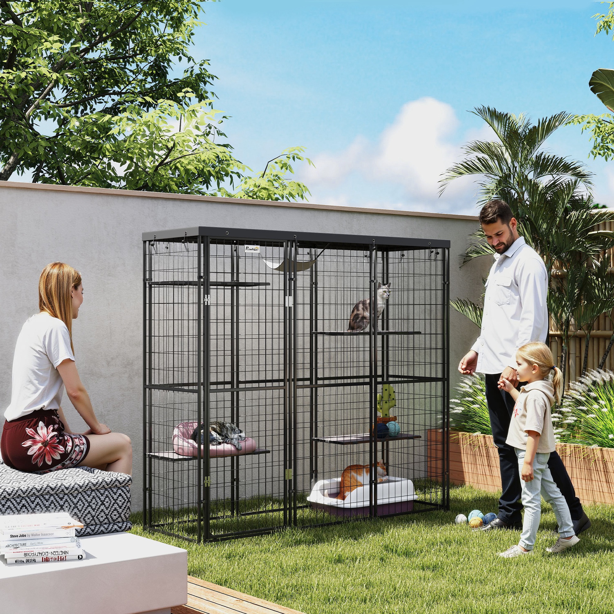 Weld Wire Catio Outdoor Indoor with Waterproof Cover, 4 Jumping Platforms, Hammock, for 1-3 Kittens, 69" x 22" x 62" — image 1