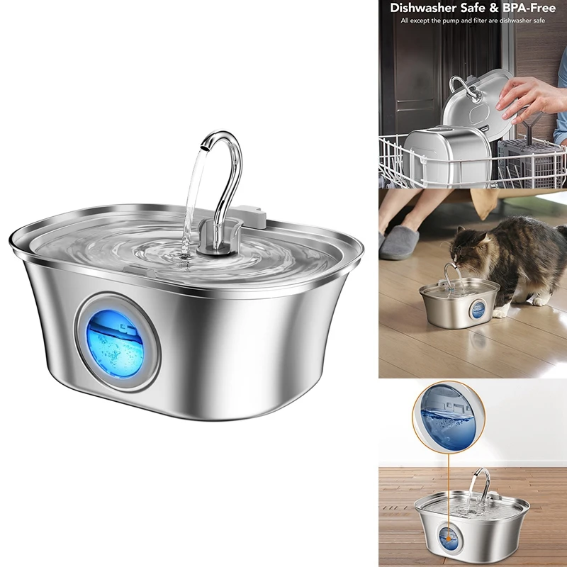 Cat Water Fountain With Water Level Window, Stainless Steel Automatic Pet Water Fountain, Dog Water Dispenser Durable USB — image 4