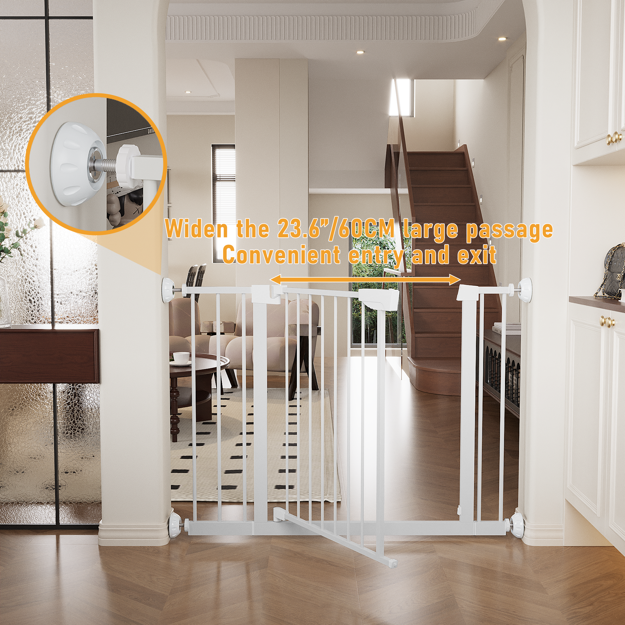 Reja para Bebés Ancha de 29.5-45.3" con Protector de Pared para Escaleras, Reja para Perros de Interior para Puertas, Sin Taladrar, Montaje a Presión, Rejas para Mascotas para Niños, Reja de Seguridad Fácil de Cruzar, Blanca — imagen 6