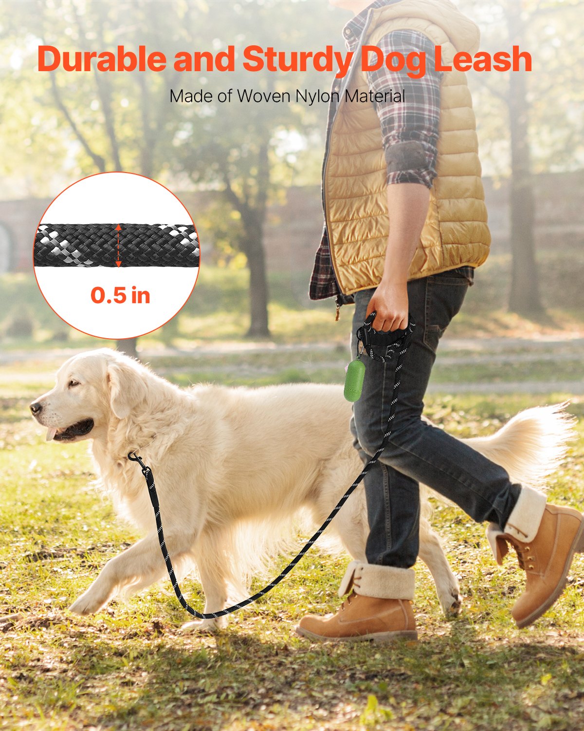 Guía de perro con cuerda resistente de 6 pies, mango cómodo con espuma suave, hilo reflectante y contenedor para bolsas de basura — imagen 2